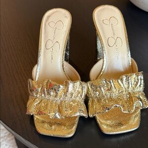 Jessica Simpson Metallic Gold Ruffle Slide Mules
